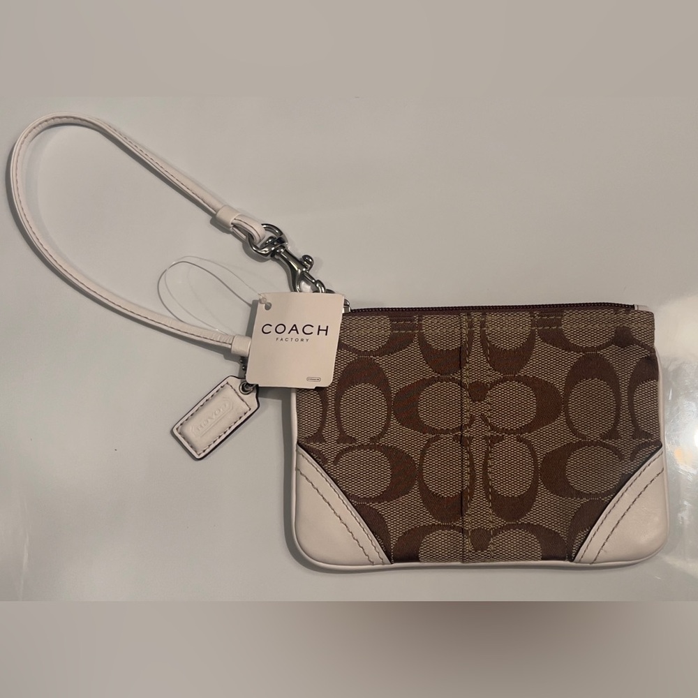 Coach Estate Signature Brown Mono Canvas NWT Wristlet with White Trim